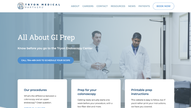 A screenshot of Tryon's "All About GI Prep" webpage with helpful resources for your upcoming colonoscopy