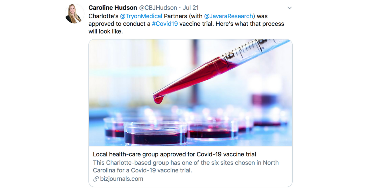 Charlotte Business Journal reporter Caroline Hudson tweets about Tryon Medical Partners COVID-19 vaccine research trial